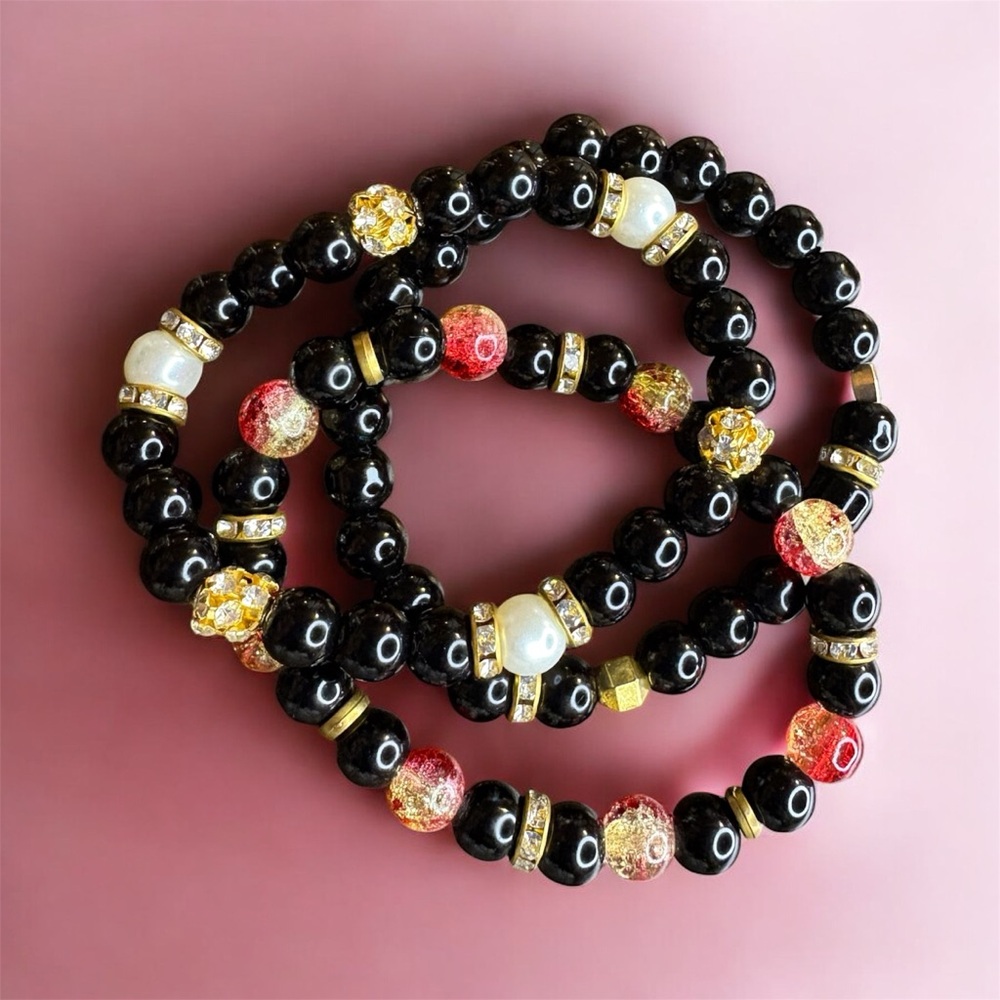 Elegant Black and Gold Beaded Bracelet Stack